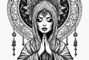 Praying woman in cloak tattoo idea