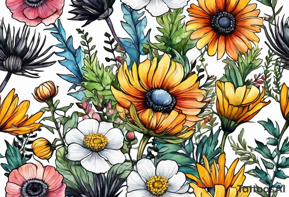 wildflowers with thistles, ferns, ranuculus, white anemones with black center, sun flowers, mixed color flowers and different shapes all in watercolor tattoo idea
