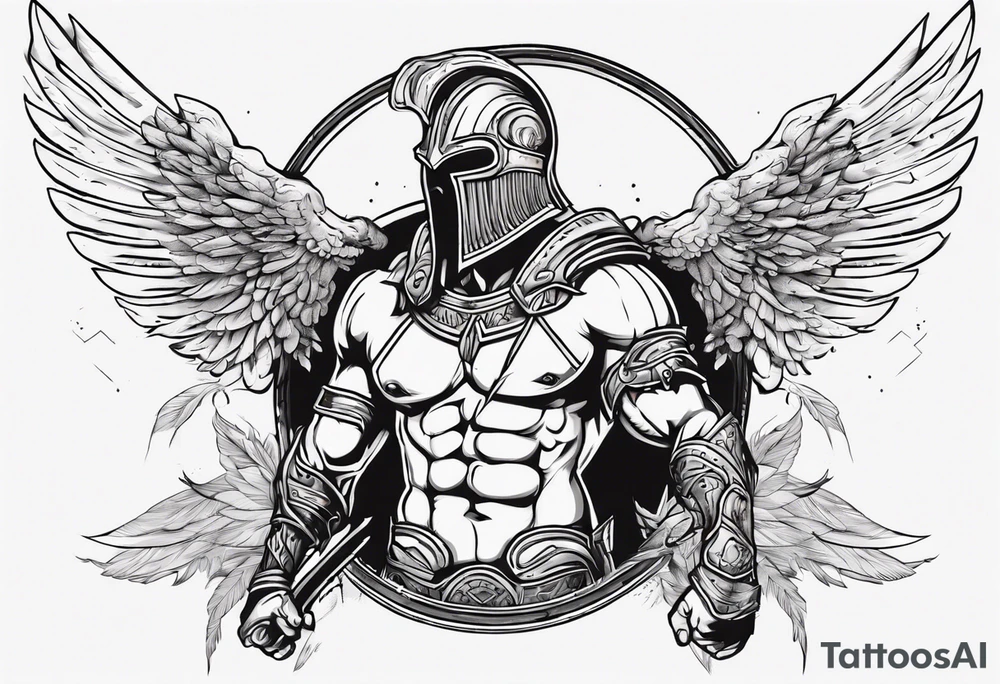 ultra-fine line linework vector of a gladiator with wings tattoo idea