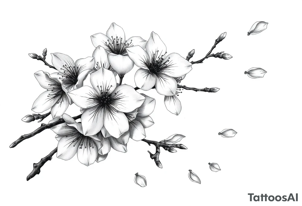 delicate cherry blossoms swirling in spring breeze with petals tattoo idea