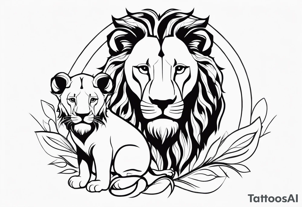 Tete Visage lion coupé en deux avec son bebe tattoo idea
