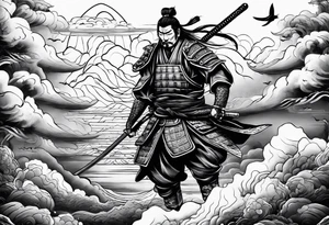 samurai flies among the clouds. beneath it is the ocean and mountains. war and love tattoo idea