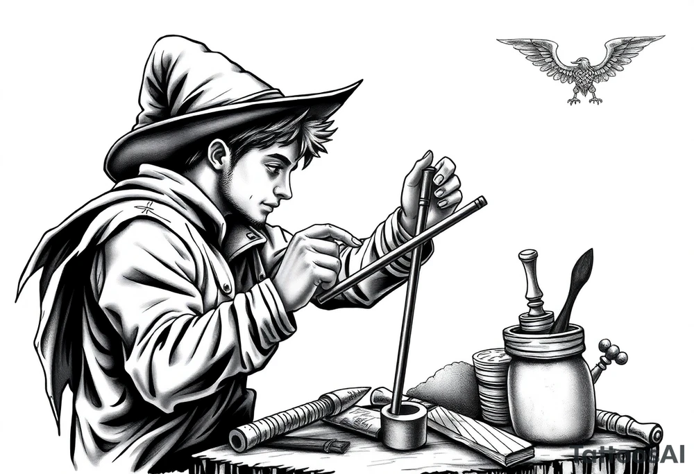 Young guy is exploring witch supplies, tools, equipment tattoo idea Young guy is exploring witch supplies, tools, equipment tattoo idea