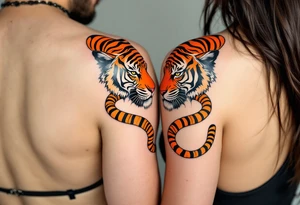 Matching couple orange and black tiger stripes wrapping around both partners upper arms tattoo idea