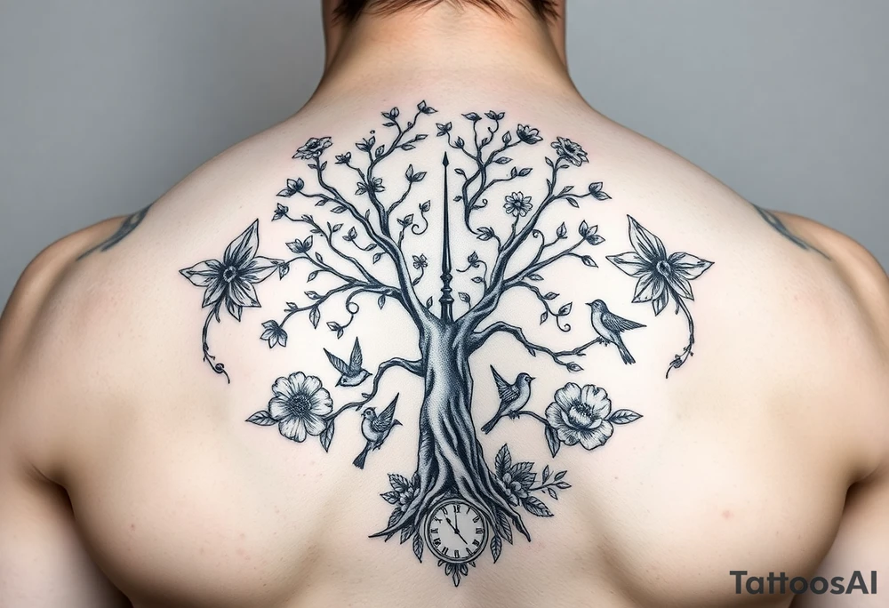 tree of life with clock, flowers,  surrounded by floral ornaments and birds tattoo idea