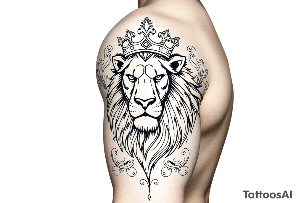 majestic lion wearing ornate crown, surrounded by baroque flourishes tattoo idea