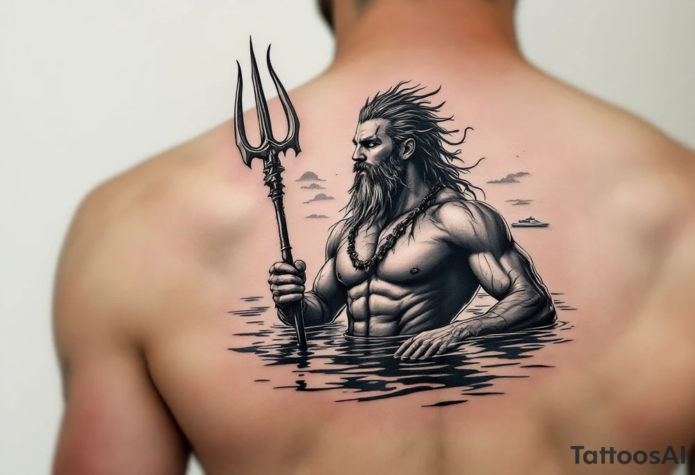 young, happy, fit poseidon in calm water, holding a trident, drinking a beer, with sunset, with ski boat tattoo idea
