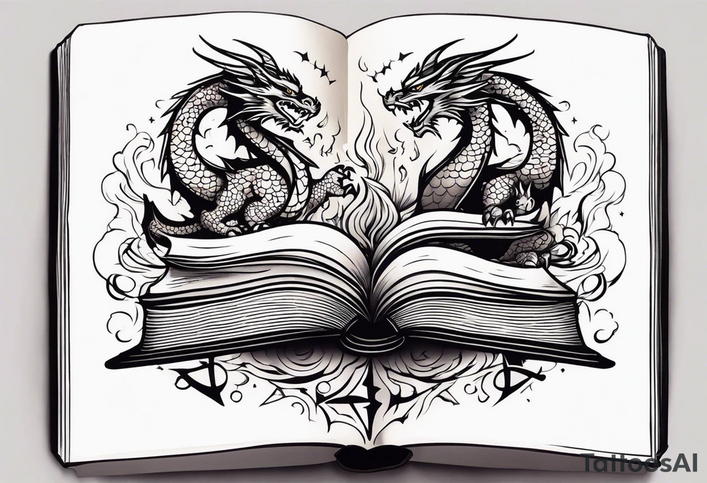 an open book with a sword through it, dragons and sparks surrounding the book tattoo idea