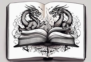 an open book with a sword through it, dragons and sparks surrounding the book tattoo idea