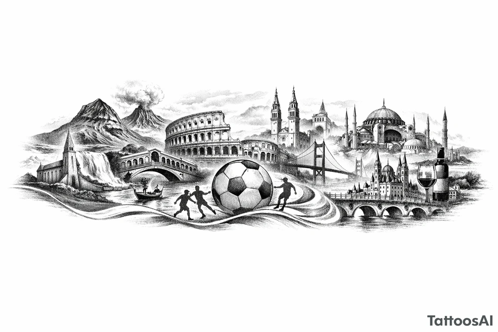 Iceland x3 (sindri, ibv, stjarnan) Italy x2 (Verona, Sassuolo) Spain (Logrono) Turkey x2 (Fenerbahce, Besiktas) Hungary (Fradi) France (Bordeaux) Something to do with football journey, surreal style to fit on arm forearm or inner bicep no crests just main attractions of each country tattoo idea
