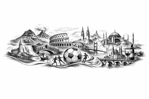 Iceland x3 (sindri, ibv, stjarnan) Italy x2 (Verona, Sassuolo) Spain (Logrono) Turkey x2 (Fenerbahce, Besiktas) Hungary (Fradi) France (Bordeaux) Something to do with football journey,  surreal style to fit on arm forearm or inner bicep no crests just main attractions of each country tattoo idea