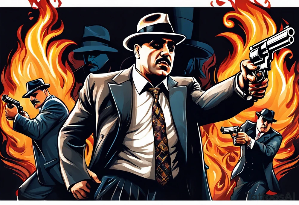 capone style gangsters having a shootout against a dark background scene with flames blues with sexy women tattoo idea