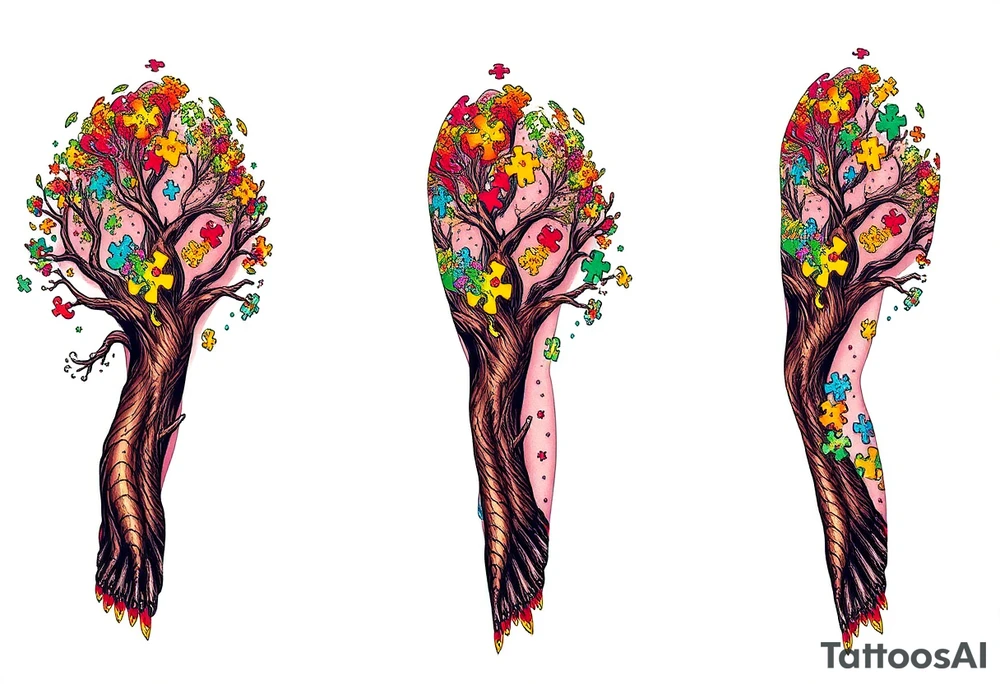 left arm full sleeve to support autism awareness full color and completed filled also include a tree with the autism puzzle as leaves to start the sleeve tattoo idea