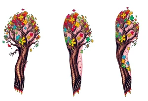 left arm full sleeve to support autism awareness full color and completed filled also include a tree with the autism puzzle as leaves to start the sleeve tattoo idea