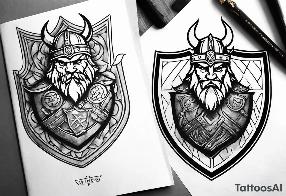 Create sleeve Tattoo of  a viking warrior with holding a shield and axe and on the shield have a gold lion from a coat of arms, tattoo idea