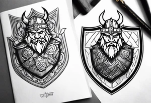 Create sleeve Tattoo of  a viking warrior with holding a shield and axe and on the shield have a gold lion from a coat of arms, tattoo idea