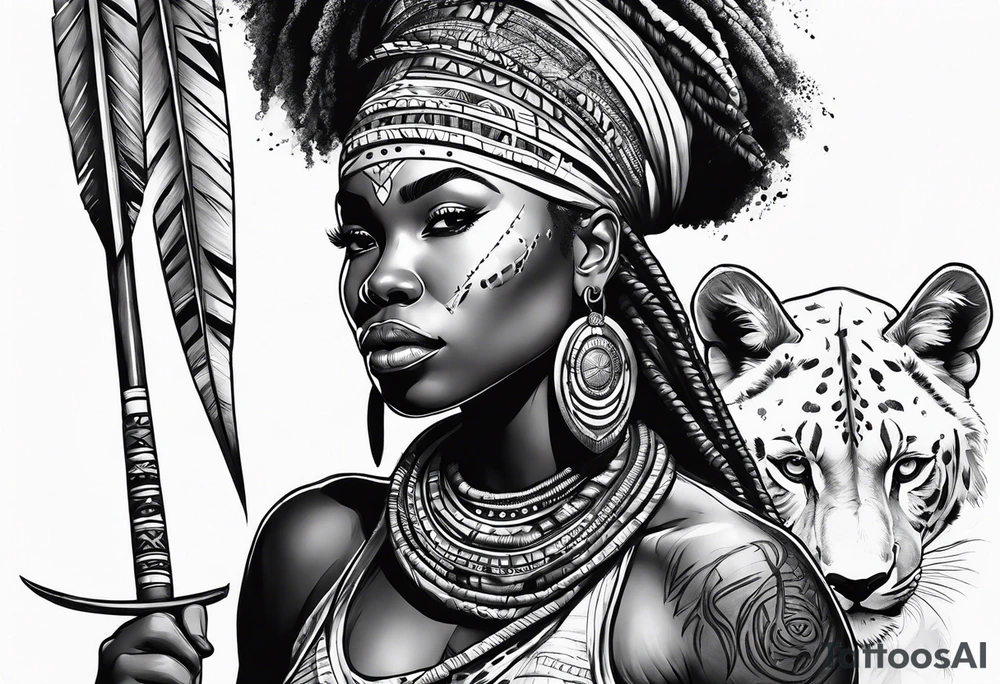 African woman warrior with tribe scars holding a spear with animals in the background tattoo idea