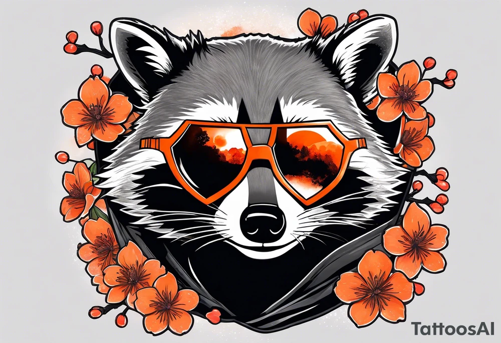Raccoon wearing a white Superman logo on a black hoodie and orange Japanese cherry blossoms beside tattoo idea