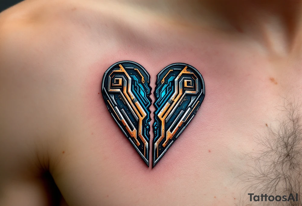 A metallic heart split down the middle, rusting at the edges with blue circuitry exposed inside, symbolizing a lost but once-powerful connection. tattoo idea