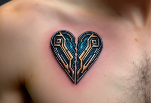 A metallic heart split down the middle, rusting at the edges with blue circuitry exposed inside, symbolizing a lost but once-powerful connection. tattoo idea