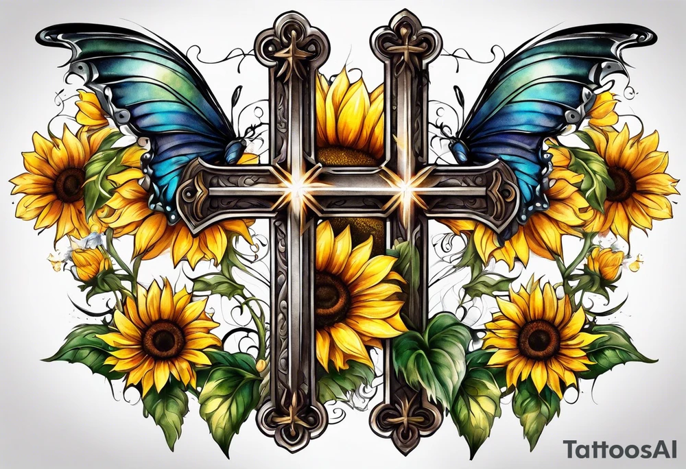 Winged cross with sunflower and butterflies tattoo idea