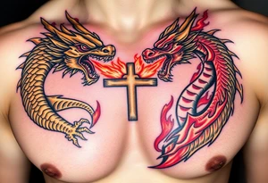 Gold dragon breathing fire at red dragon breathing with Jesus in the middle blocking both flames tattoo idea