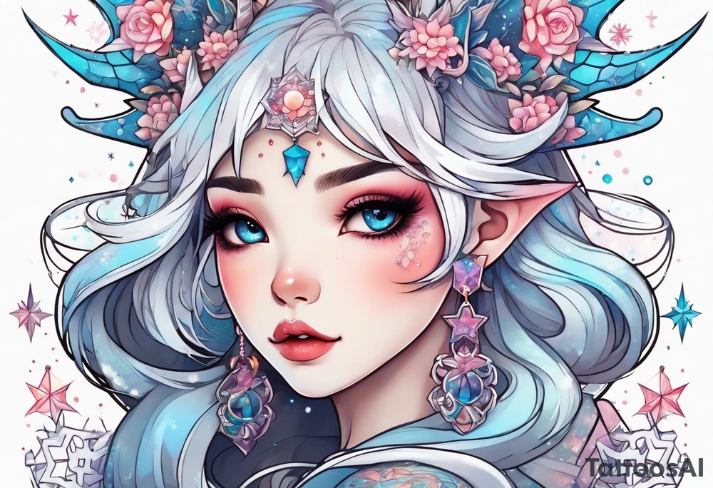 Constellation, kawaii dragon girl , snowflake tattoo idea