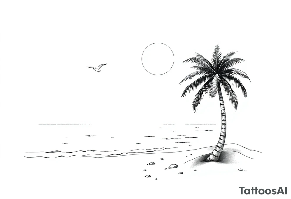 happy, peaceful, serene, timeless, ocean, sand, palm tree, seagulls, sun tattoo idea