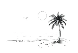 happy, peaceful, serene, timeless, ocean, sand, palm tree, seagulls, sun tattoo idea
