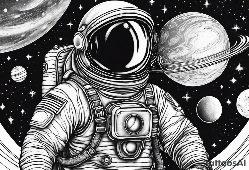 spaceman in space with planets tattoo idea