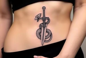 mystical snake coiled around an ancient dagger with jeweled hilt tattoo idea