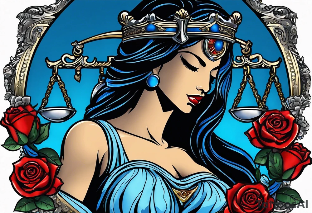 Lady Justice, 
Blindfold:
Scales: 
 Lady Justice is shown with black hair, which is a unique artistic choice compared to the more traditional representations. The scales, blindfold, and sword are all present, adhering to the classic iconography but with a modern and colorful twist. blue roses frames, background blue,present it in a tattoo tattoo idea