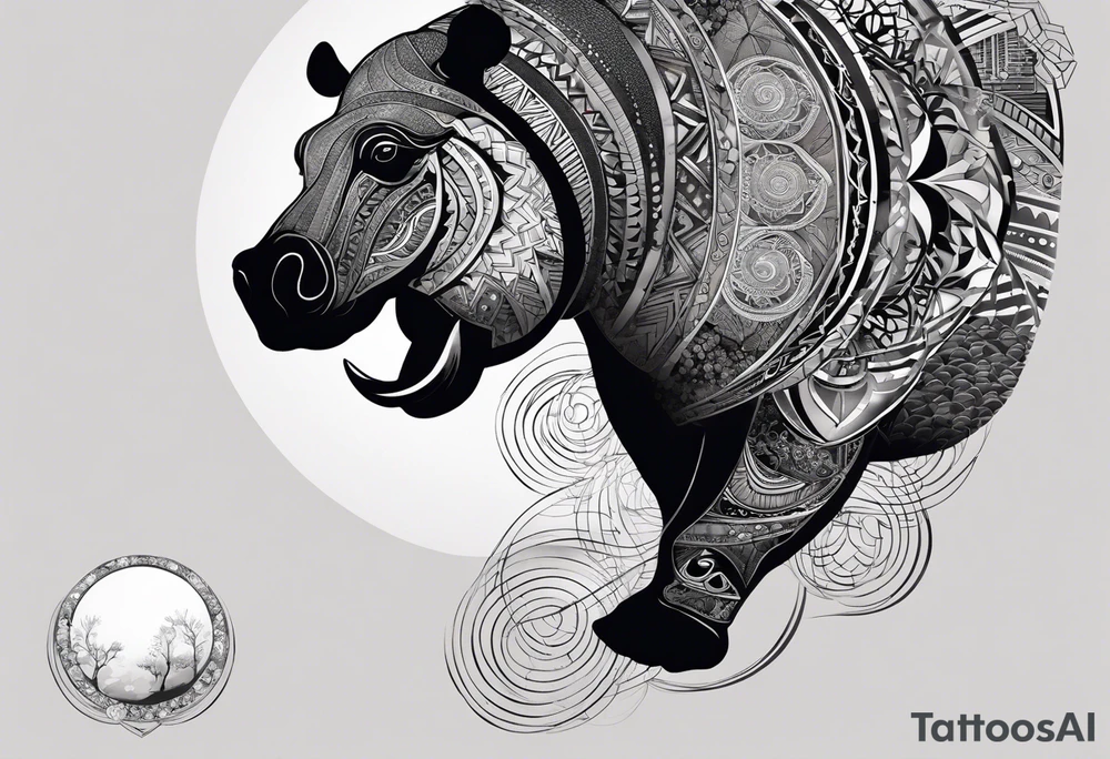 Very asymmetrical, +geometric pattern, with realistic full moon, with hippo at side look, +tribal, +geometric, +inkart , +blackwork, +grey scale, + sketch
with wintersweet flower bud, +inkart touch, +for men, detailed , combined favourite tattoo idea