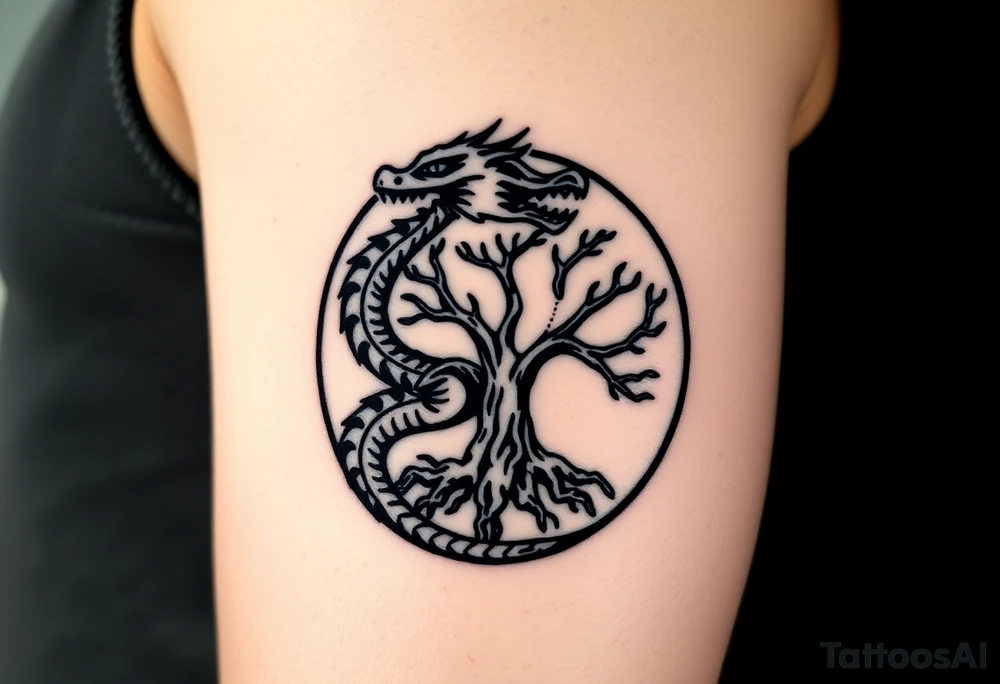 a dragon forming a circle with its body.  the dragon encircles the tree of life.  the dragon is eating the tree. the roots of the tree are strangling the dragon tattoo idea