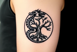 a dragon forming a circle with its body.  the dragon encircles the tree of life.  the dragon is eating the tree. the roots of the tree are strangling the dragon tattoo idea