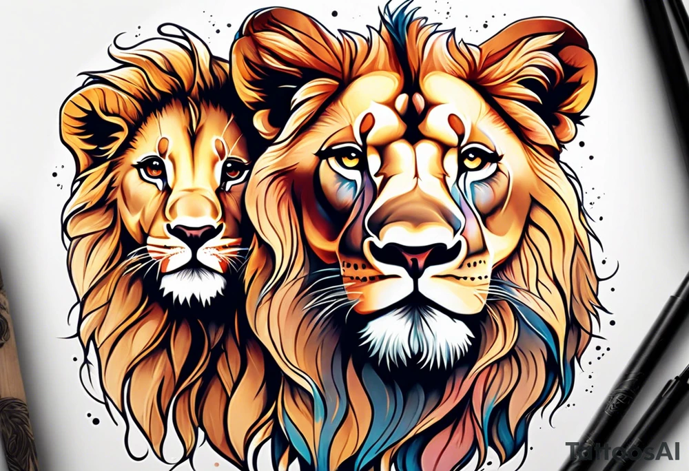 A baby lion next to his mother and another baby lion on his mother’s head tattoo idea