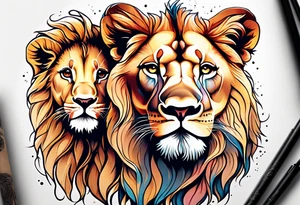 A baby lion next to his mother and another baby lion on his mother’s head tattoo idea