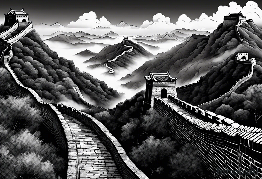 Great Chinese wall, realistic, art, gezeichnet, fine line, black and grey, clouds tattoo idea