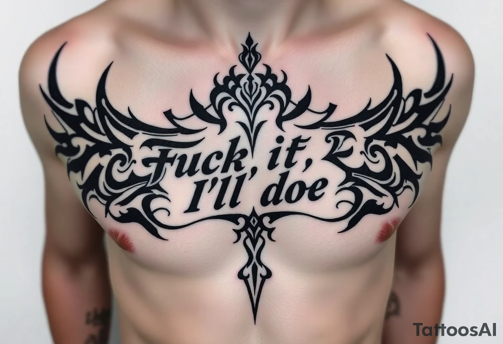 Unreadable “ Fuck it, I’ll do it” test on ribcage and upper ribs. 30 cm long. Kalligraphie mixed with neotribal style. tattoo idea