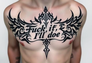 Unreadable “ Fuck it, I’ll do it” test on ribcage and upper ribs. 30 cm long. Kalligraphie mixed with neotribal style. tattoo idea