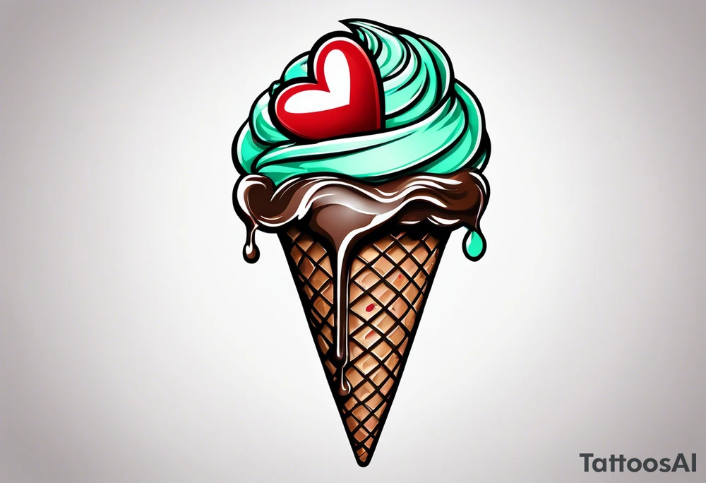 mint chocolate chip ice cream cone with small red heart on it somewhere. tattoo idea