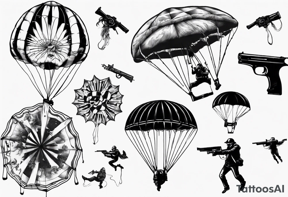 man parachute and shooting guns tattoo idea