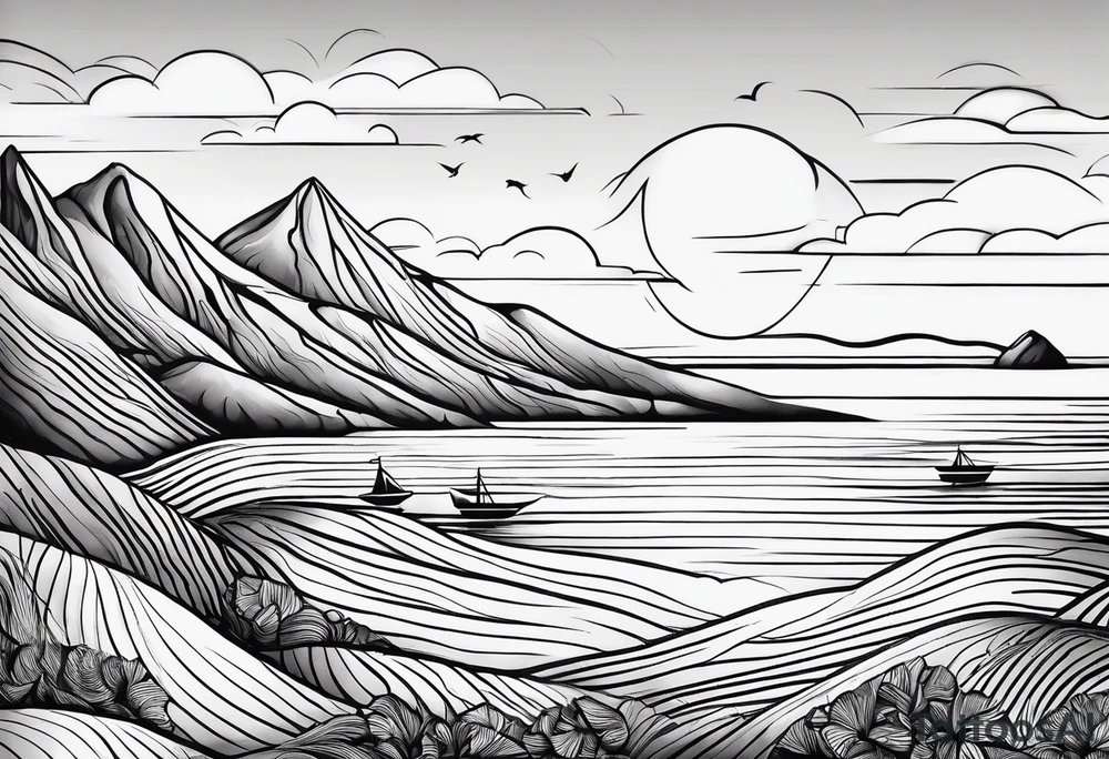 Line art minimalist sun mountain ocean simple 
Basic tattoo idea
