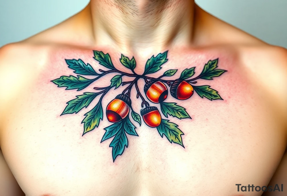 on the chest an oak branch with thick leaves and acorns oak branch with thick leaves and acorns tattoo idea
