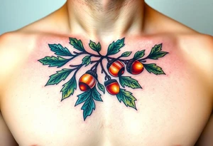 on the chest an oak branch with thick leaves and acorns oak branch with thick leaves and acorns tattoo idea