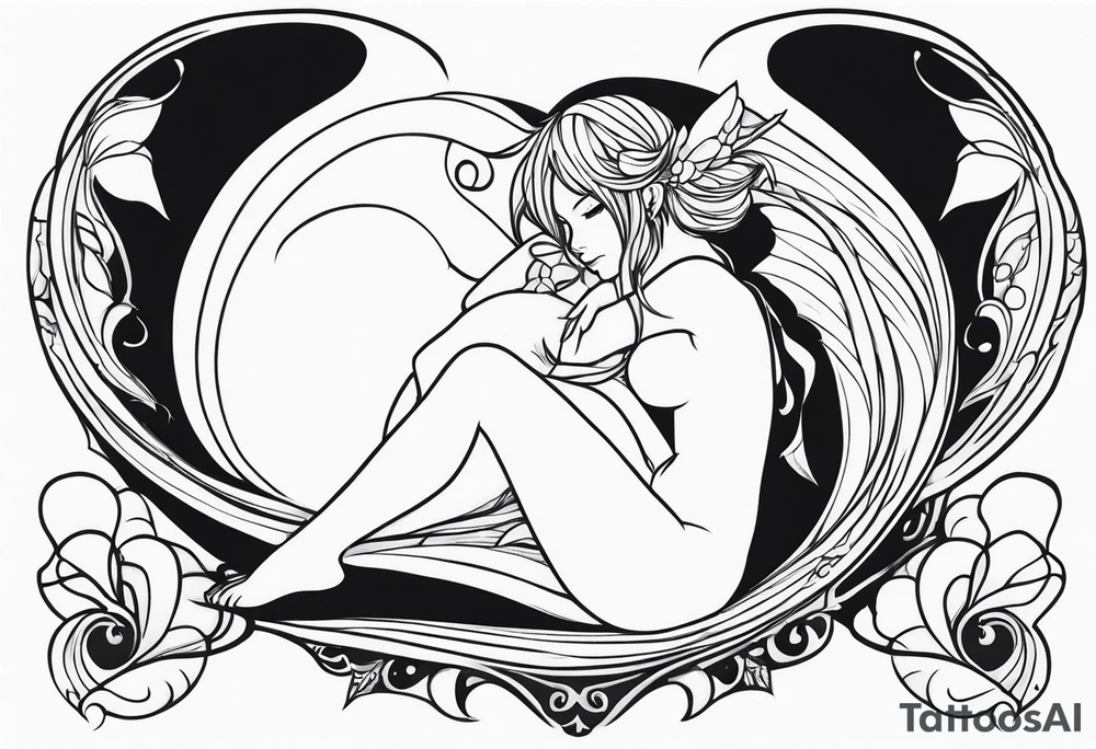 A fairy with a tail inspired by the logo of the show called Fairy Tail in a fetal position leaning in tattoo idea
