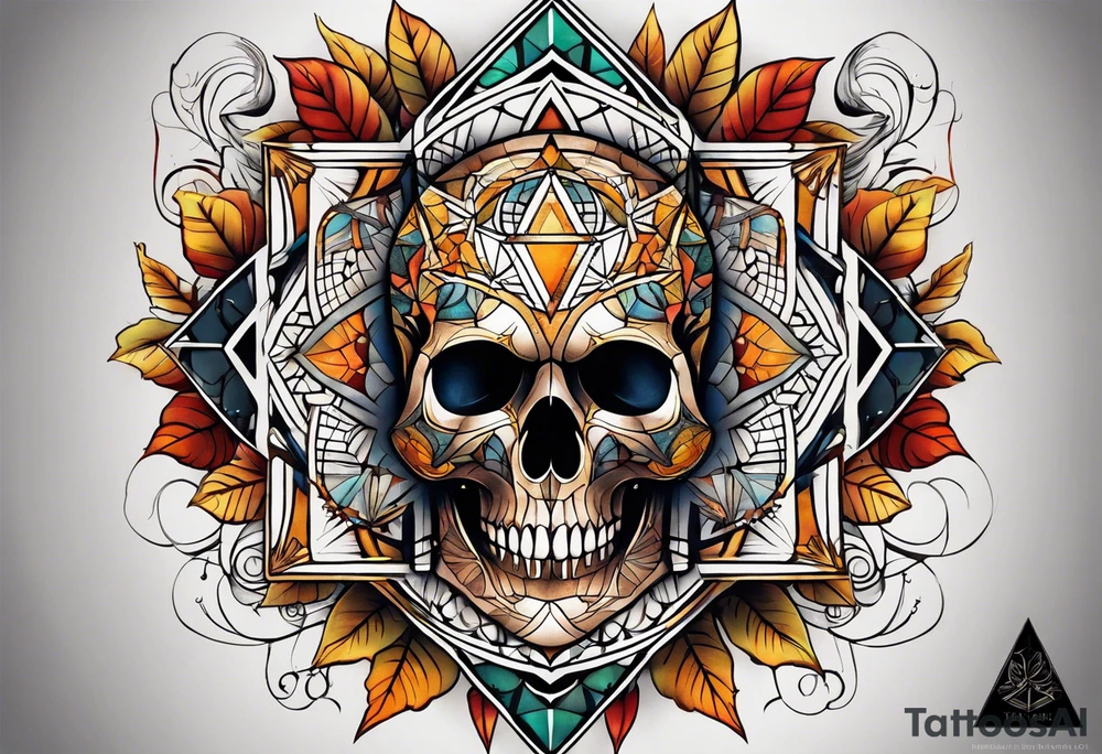 knee tattoo with sacred geometry, skull, swirls & washes in background in fall colors tattoo idea
