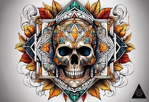 knee tattoo with sacred geometry, skull, swirls & washes in background in fall colors tattoo idea