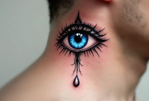 A black Nazar symbol (evil eye) with rich blue irises and a silver tear drop below. tattoo idea