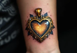 Nikolka wrapped in a golden heart-shaped locket, slightly open with sparkles around. tattoo idea